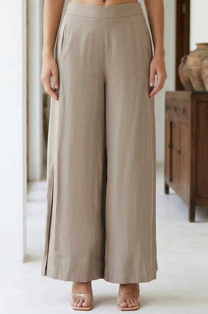 Beige Yarn Dyed Solid Rayon Wide Leg Palazzo