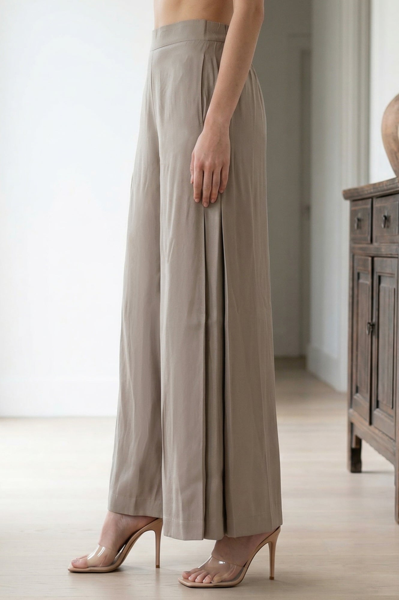 Beige Yarn Dyed Solid Rayon Wide Leg Palazzo