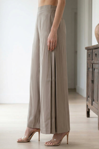 Beige Yarn Dyed Solid Rayon Wide Leg Palazzo