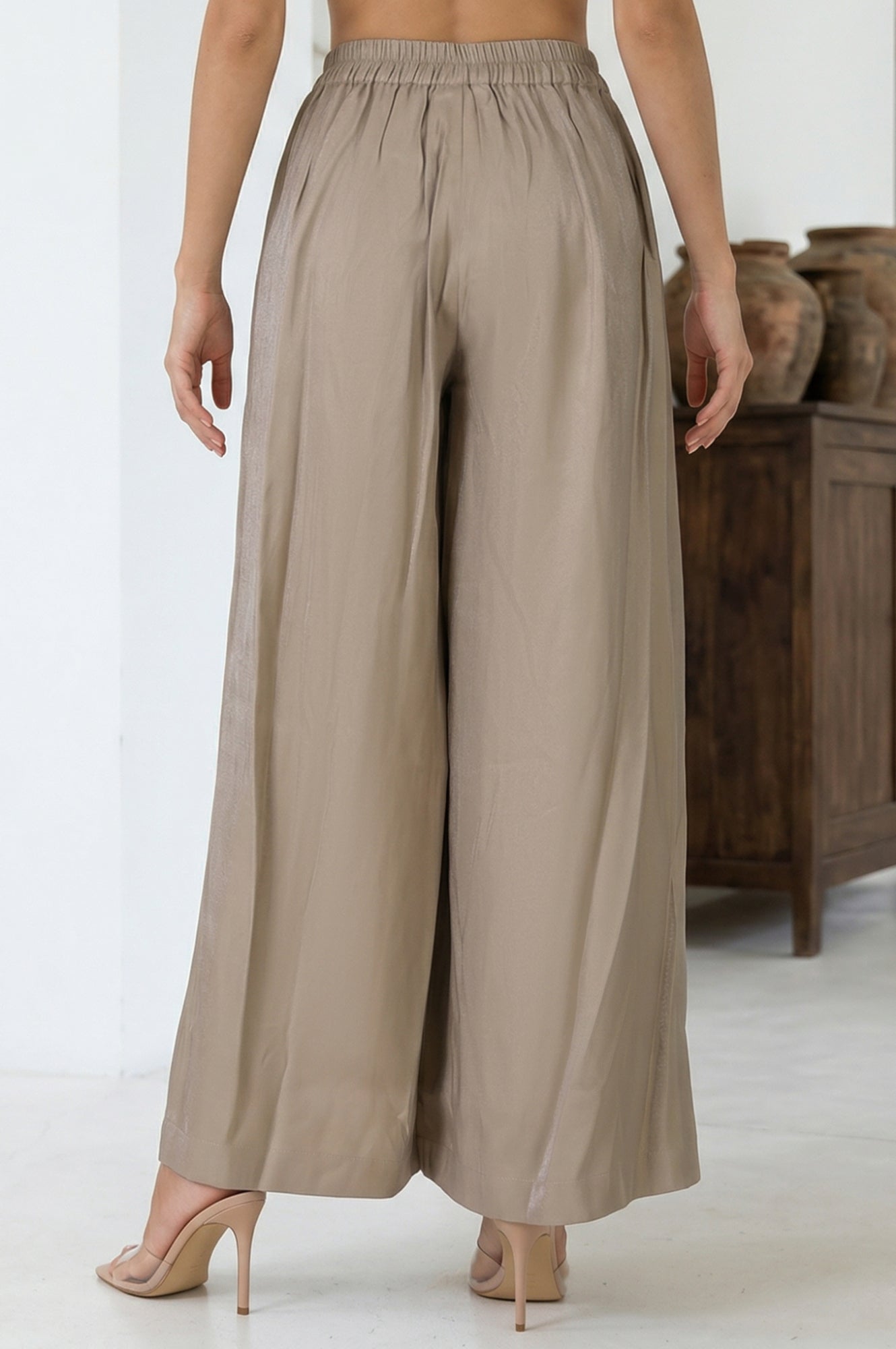 Beige Yarn Dyed Solid Rayon Wide Leg Palazzo