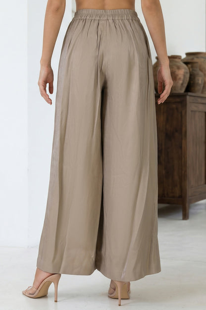 Beige Yarn Dyed Solid Rayon Wide Leg Palazzo