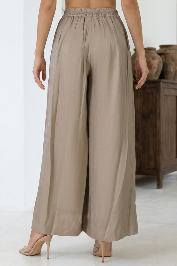 Beige Yarn Dyed Solid Rayon Wide Leg Palazzo