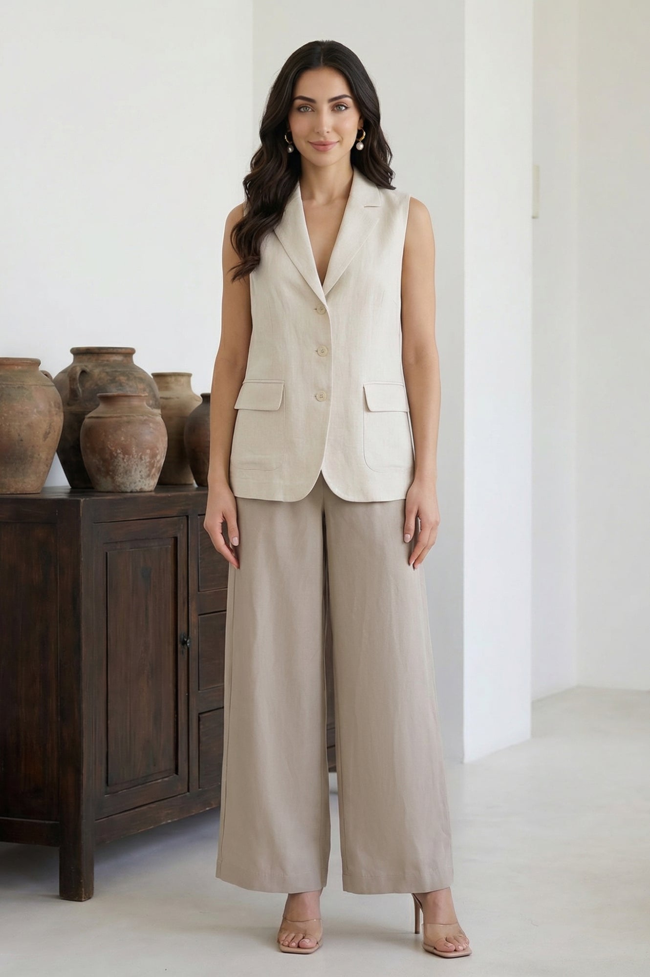 Beige Yarn Dyed Solid Rayon Wide Leg Palazzo