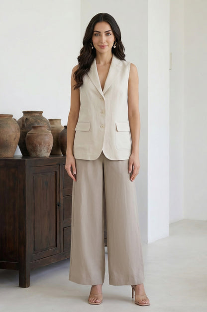 Beige Yarn Dyed Solid Rayon Wide Leg Palazzo