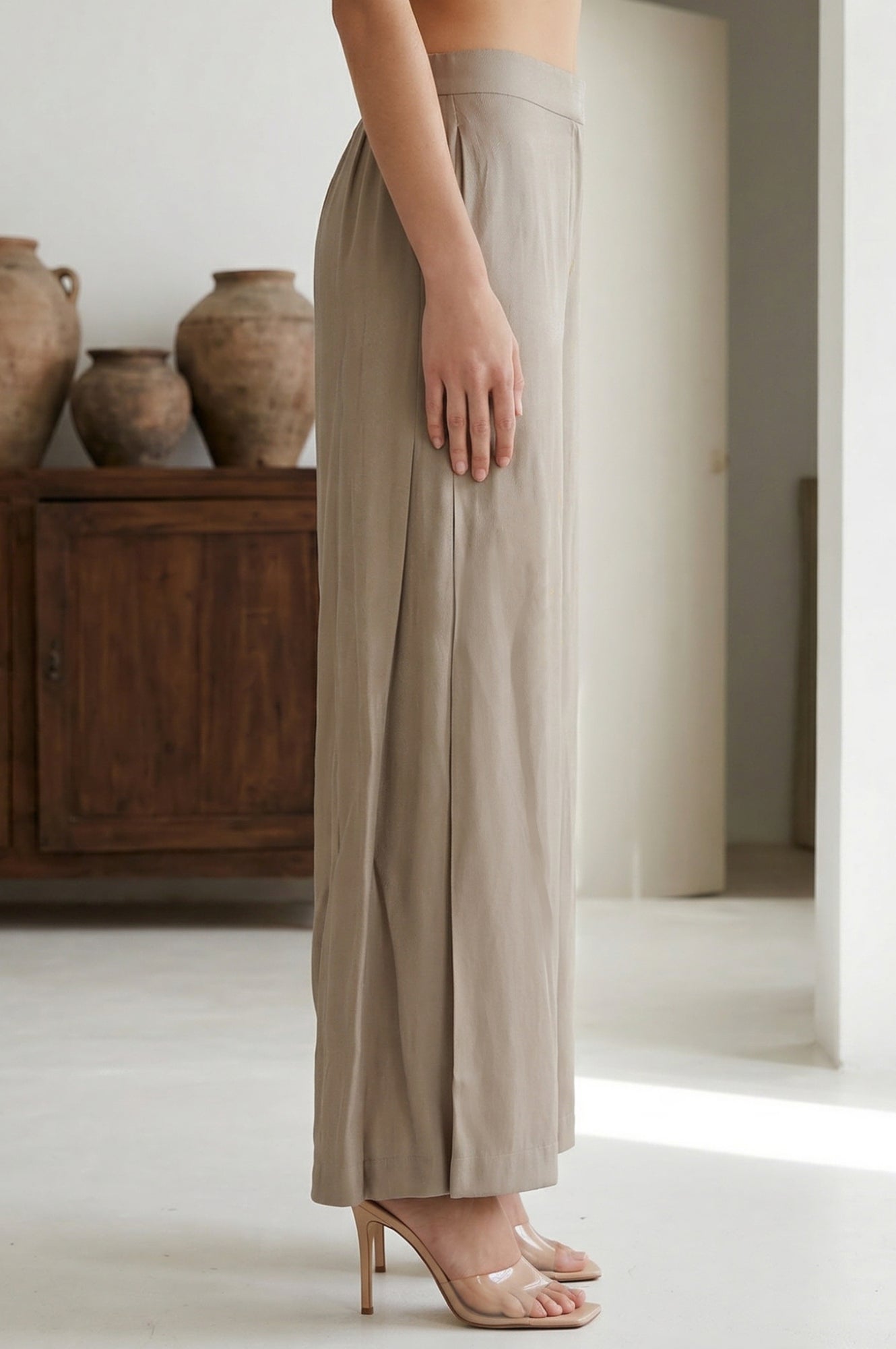 Beige Yarn Dyed Solid Rayon Wide Leg Palazzo