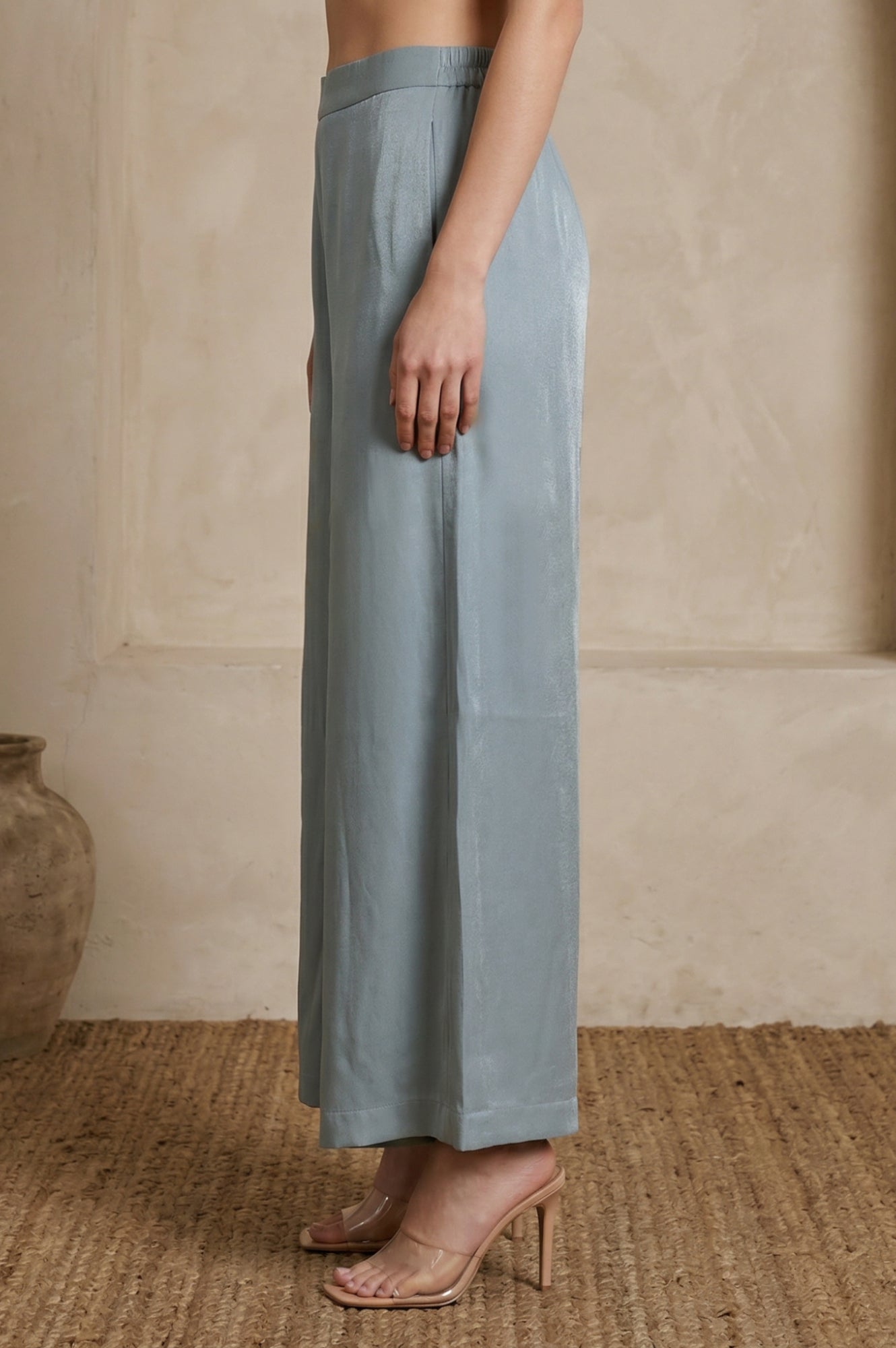 Blue Yarn Dyed Solid Rayon Wide Leg Floor Length High Rise Palazzo