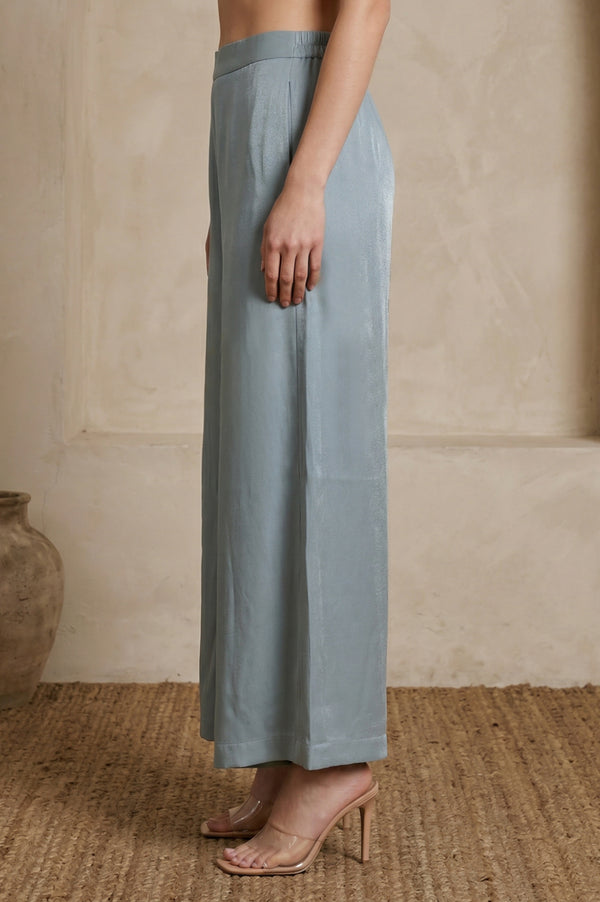 Blue Yarn Dyed Solid Rayon Wide Leg Floor Length High Rise Palazzo