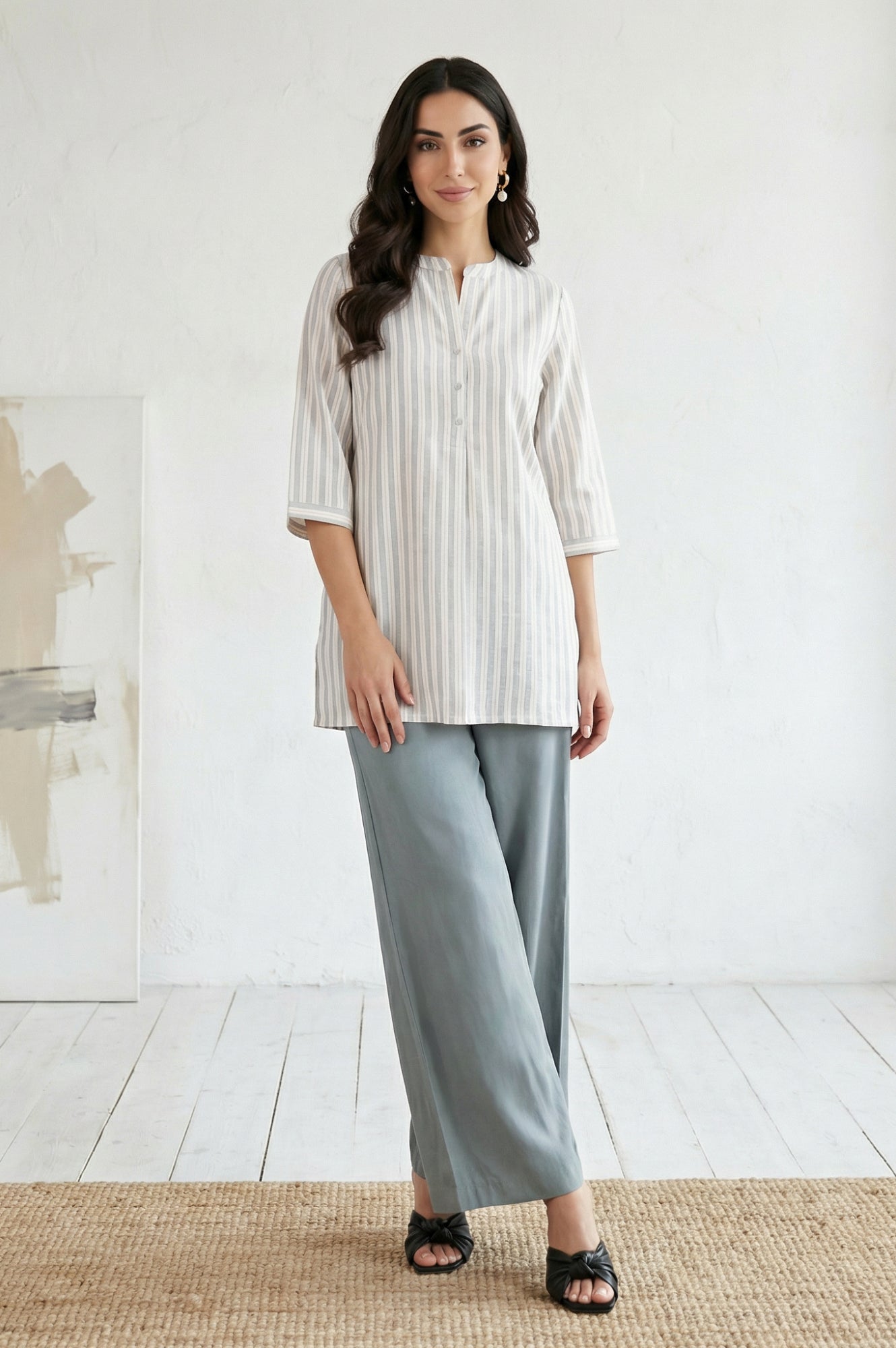 Blue Yarn Dyed Solid Rayon Wide Leg Floor Length High Rise Palazzo