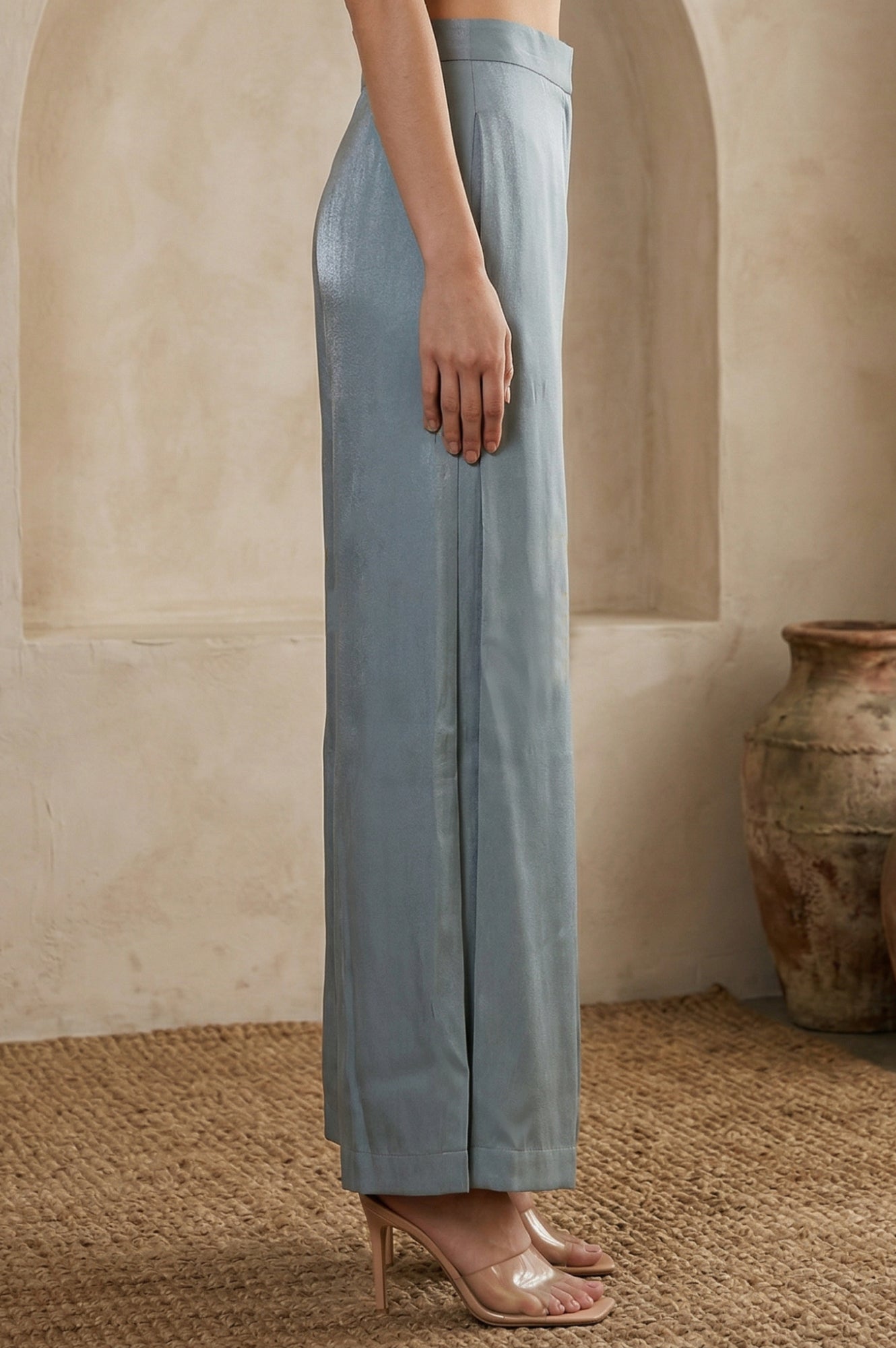 Blue Yarn Dyed Solid Rayon Wide Leg Floor Length High Rise Palazzo
