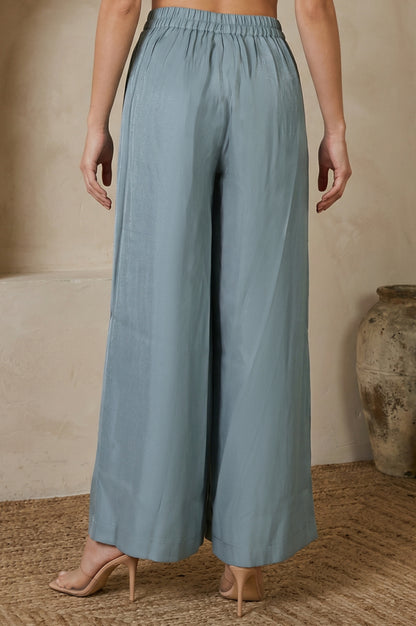 Blue Yarn Dyed Solid Rayon Wide Leg Floor Length High Rise Palazzo