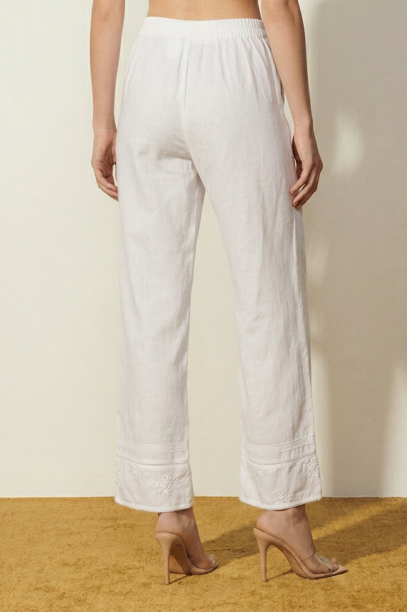 White Embroidered Pure Cotton Straight Fit Ankle Length Palazzo