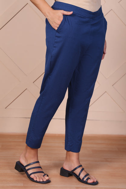 Blue Solid Cotton Flax Mid Rise Ankle Length Slim Fit Trouser