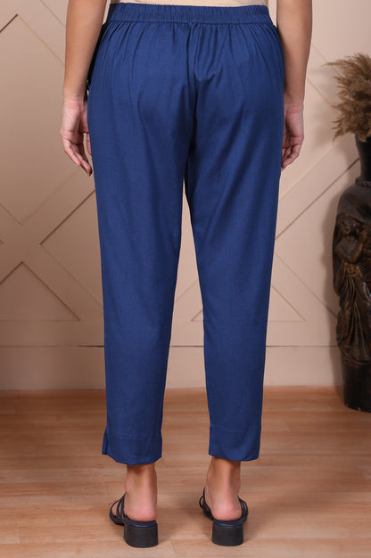 Blue Solid Cotton Flax Mid Rise Ankle Length Slim Fit Trouser