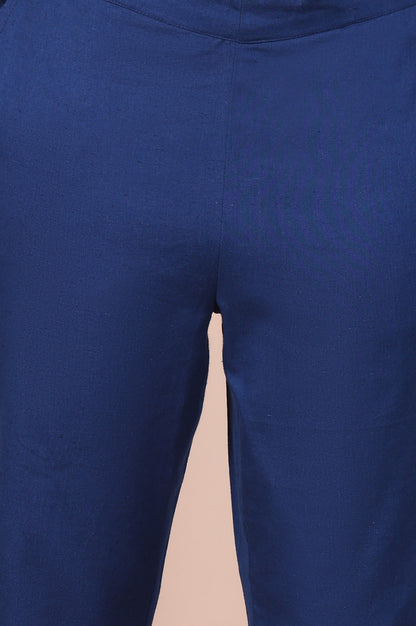 Blue Solid Cotton Flax Mid Rise Ankle Length Slim Fit Trouser