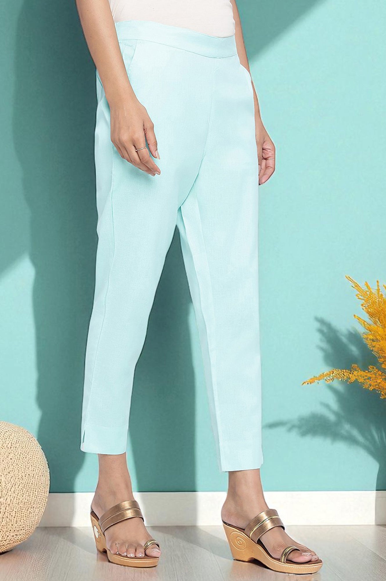 Blue Solid Cotton Flax Ankle Length Trousers