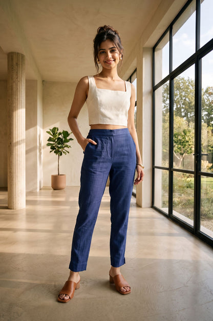 Blue Solid Rayon Slim Fit Ankle Length Mid Rise Trousers