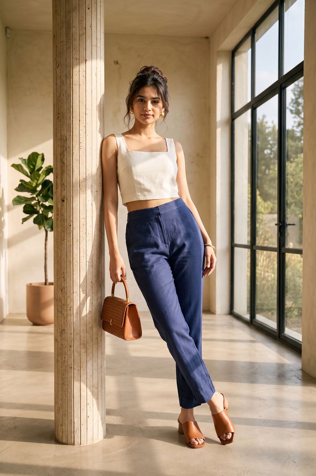 Blue Solid Rayon Slim Fit Ankle Length Mid Rise Trousers