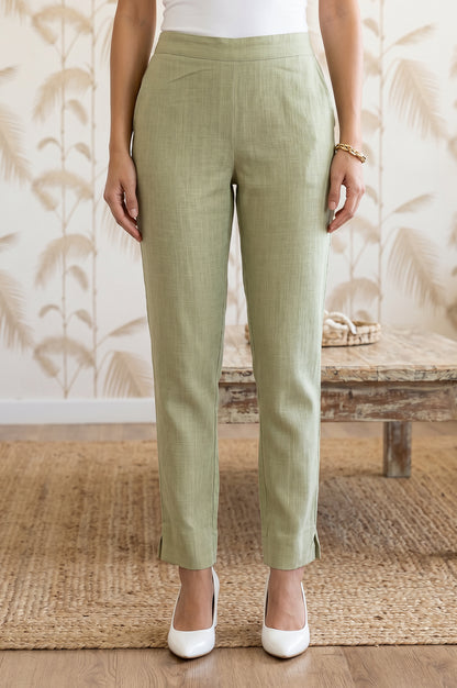 Olive Slim Fit Ankle Length Mid Rise Trousers
