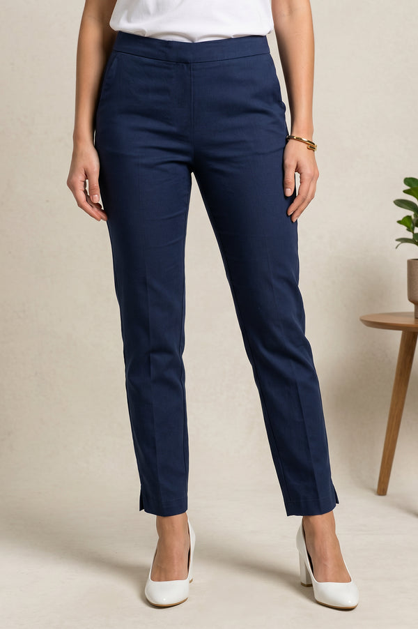 Navy Blue Slim Fit Ankle Length Cotton Trousers