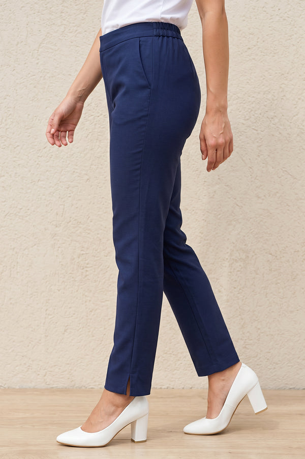 Navy Blue Slim Fit Ankle Length Cotton Trousers