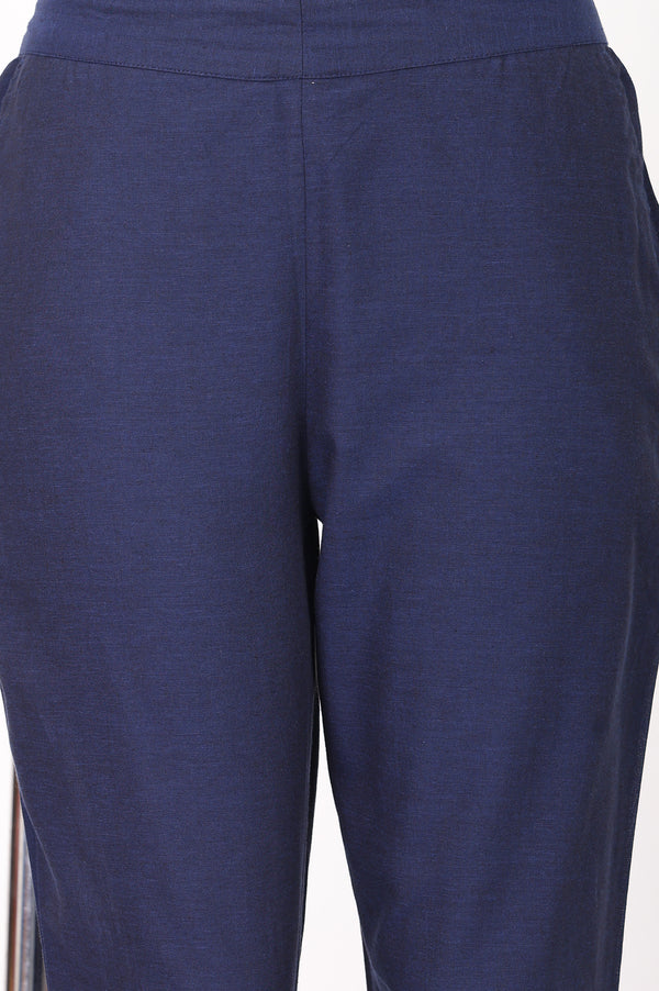 Navy Blue Slim Fit Ankle Length Cotton Trousers