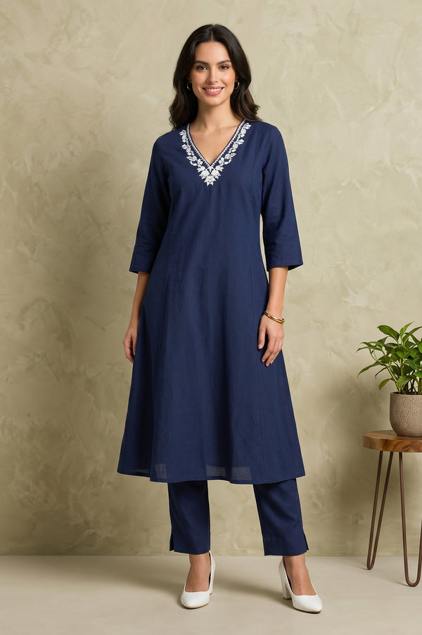 Navy Blue Slim Fit Ankle Length Cotton Trousers