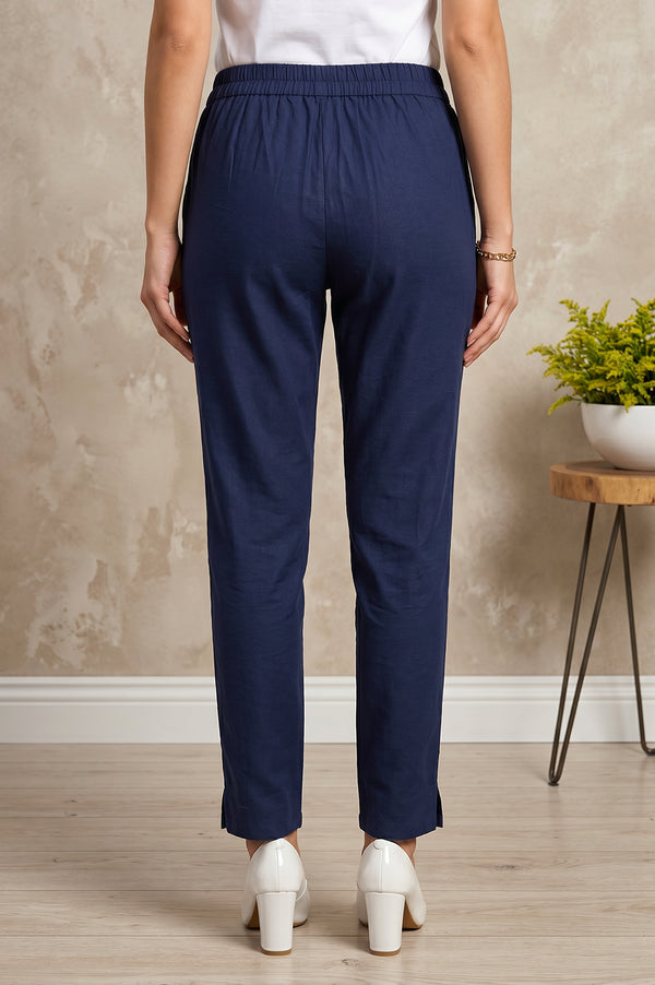 Navy Blue Slim Fit Ankle Length Cotton Trousers