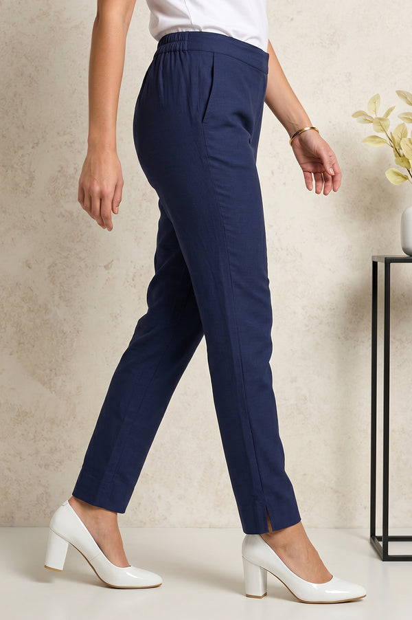 Navy Blue Slim Fit Ankle Length Cotton Trousers