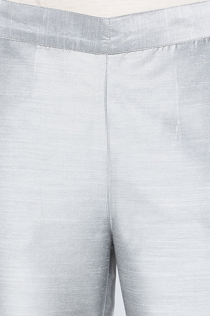 Grey Solid Mid Rise Slub Trousers in Ankle Length