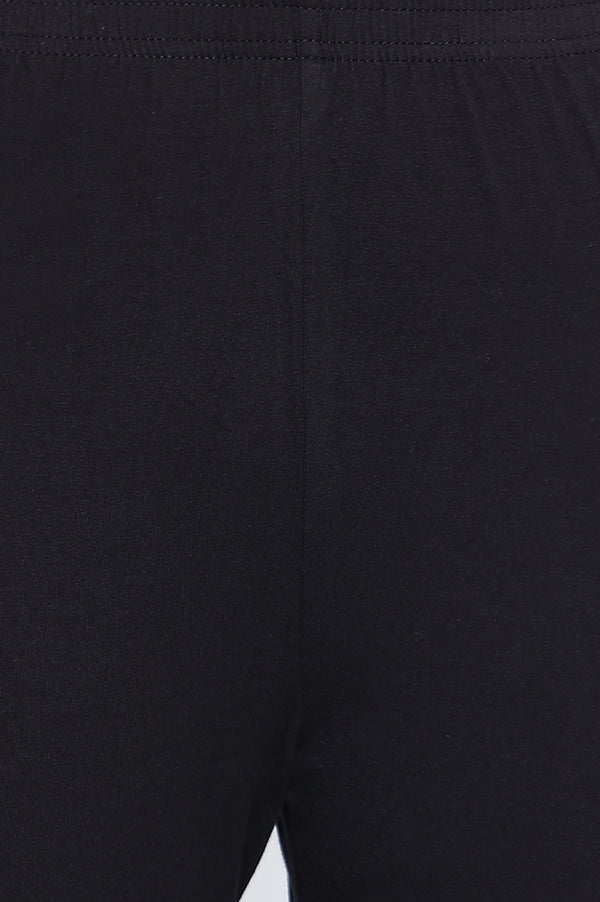 Black Solid Cotton Lyrca Tights in Ankle Length