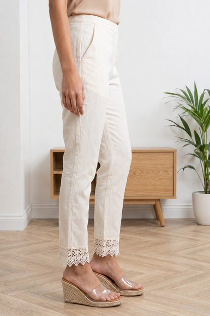 Off White Straight Fit Ankle Length Trousers With Lace